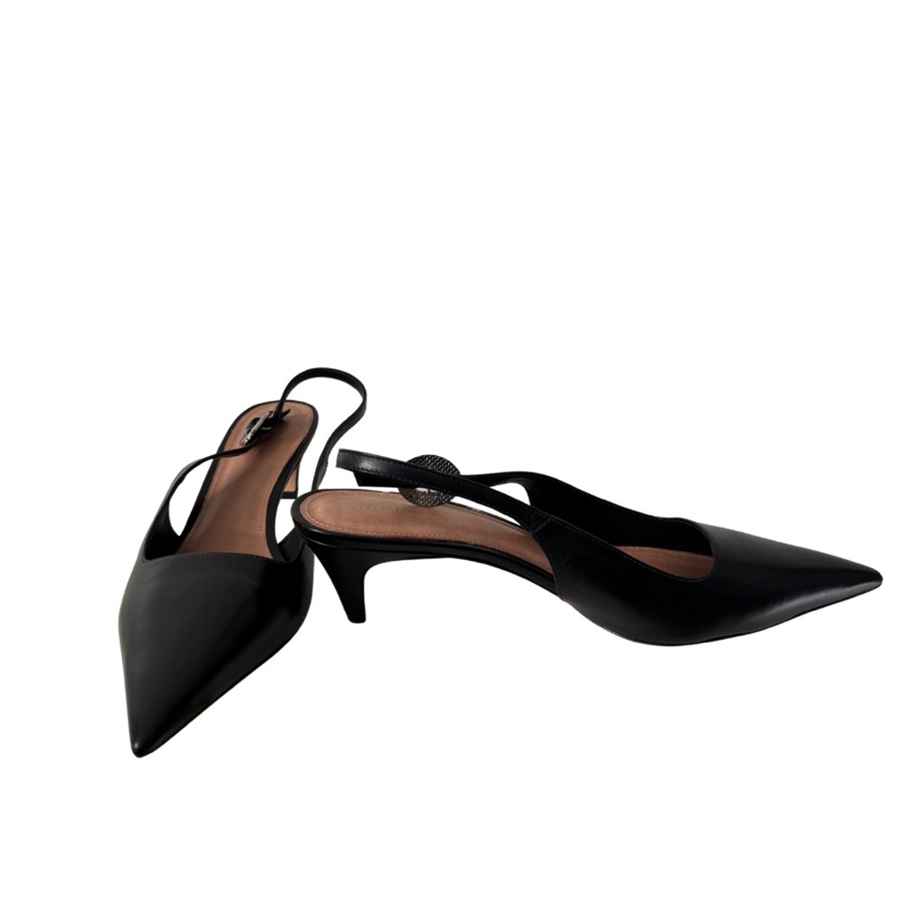 Anthropologie | NWOT Pointed Toe Leather Slingback Heels Silver Buckle | Size 41